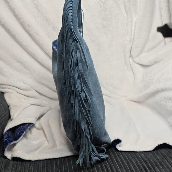 Haute Hippie Blue Fringe Suede Hobo Bag - Picture 3 of 6